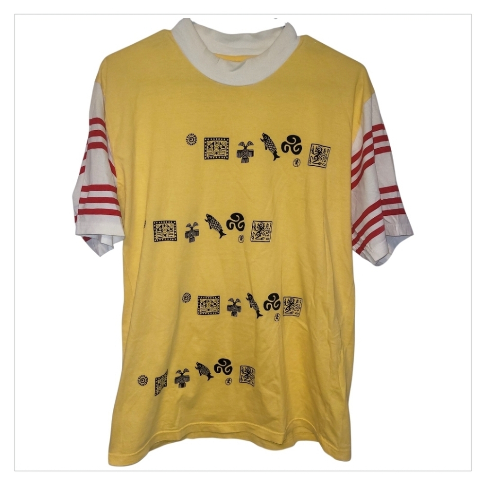 Vintage Graphic Tee Yellow Tribal Print Athletic Knit 100% Cotton L